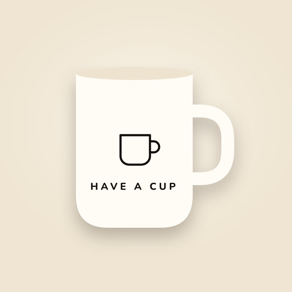A white mug printed with a line drawing of a coffee mug and the words "Have a cup."